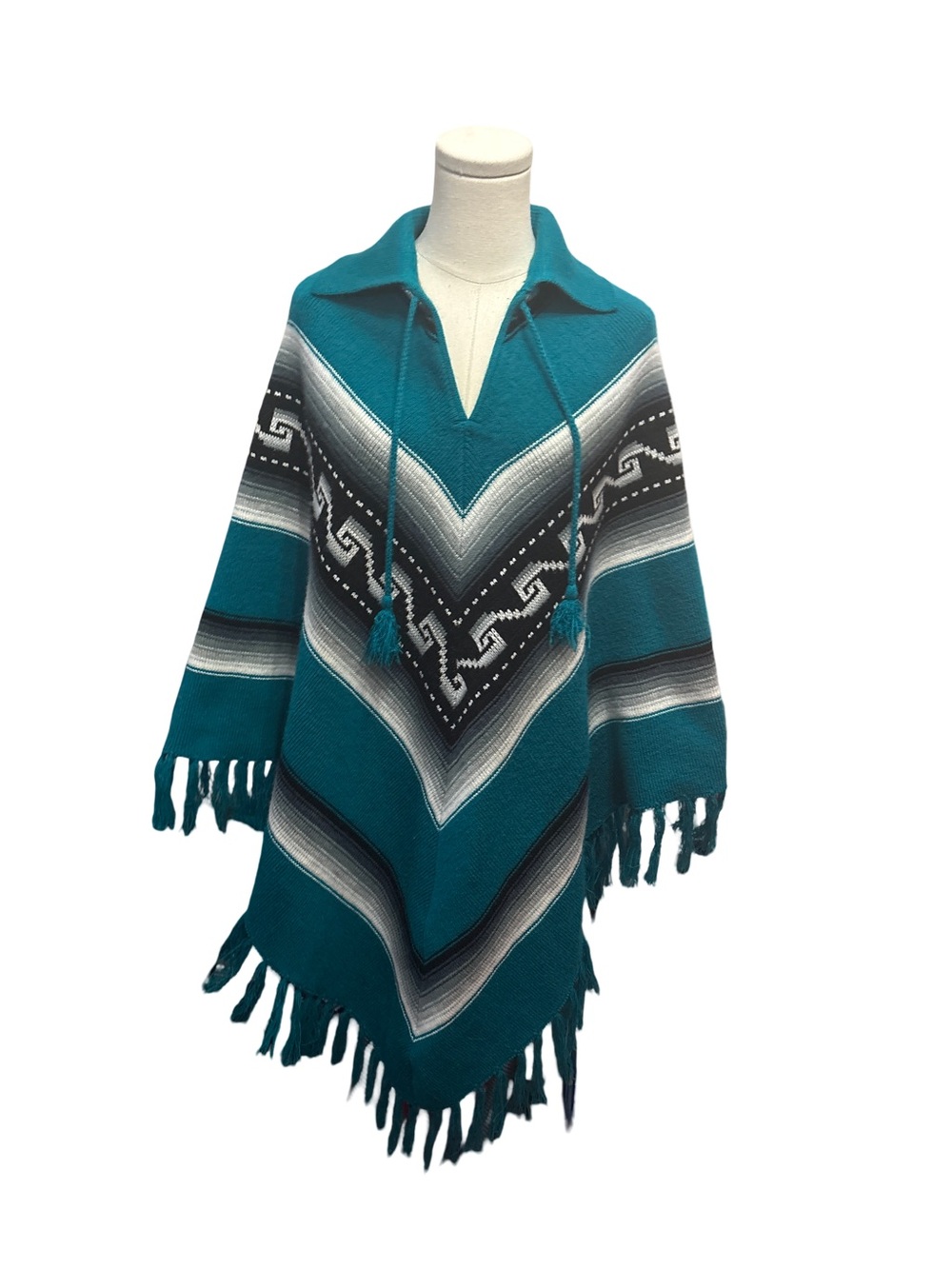 Vintage 70’s Teal Striped Fringe Poncho Sweater - OS